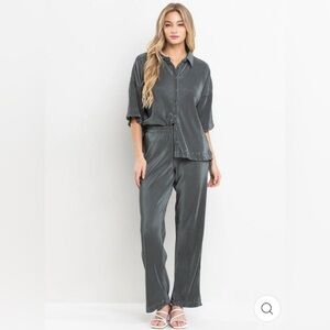 Women's Gray Satin Pants & Shirt Set